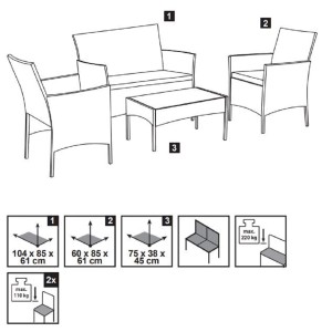 Loungeset Saratoga 4-dielny, oceľ čierna/krémová, pozostávajúci z lavice, 2 kresiel a stola. Súprava záhradného nábytku.