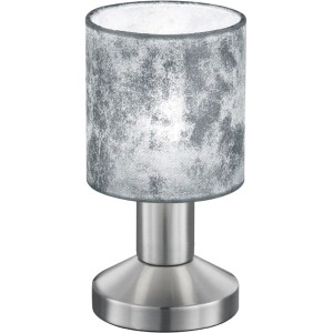Strieborná dotyková stolná lampa Trio Garda s látkovým tienidlom a kovovou základňou.