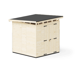 Záhradný domček Upyard Strongbox L, drevený domček s dvojkrídlovými dverami a plochou strechou.
