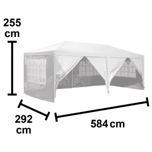 Biely pavilón Tavares s rozmermi (584x292x255 cm) pre záhradu a terasu.