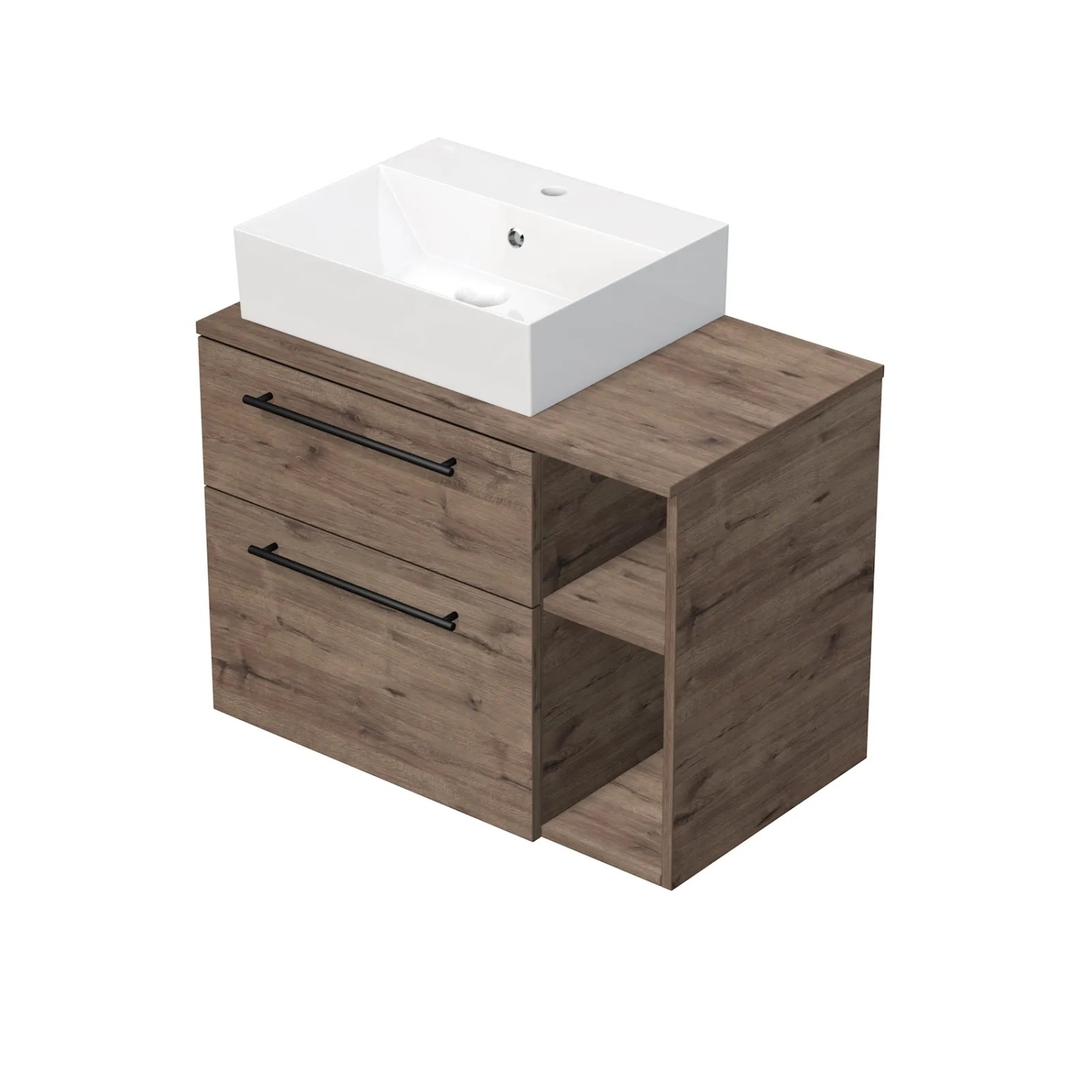 E-shop INTEDOOR Skriňa+umývadlo BEE, úchyt čierny, š.80cm, regál vpravo, dub Wellington