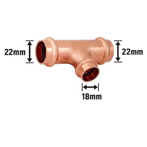 Medený lisovací redukčný T-kus s Ø 22 mm a Ø 18 mm pre inštalácie medených rúrok.