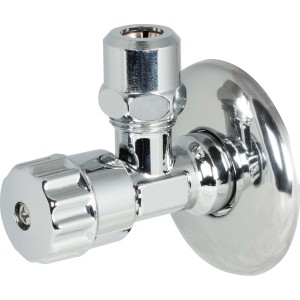 Chrómový rohový ventil pre práčku s rozetou, pripojenie 21 mm, na reguláciu vody.