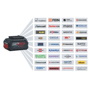 Akumulátor Bosch Professional GBA 18V s logom AMPShare, obklopený logami kompatibilných značiek elektrického náradia.