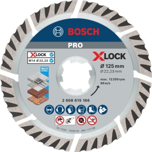 Diamantový rezný kotúč Bosch X-Lock 125 mm pre uhlové brúsky. Strieborný kotúč so segmentovým okrajom reže stavebný materiál.