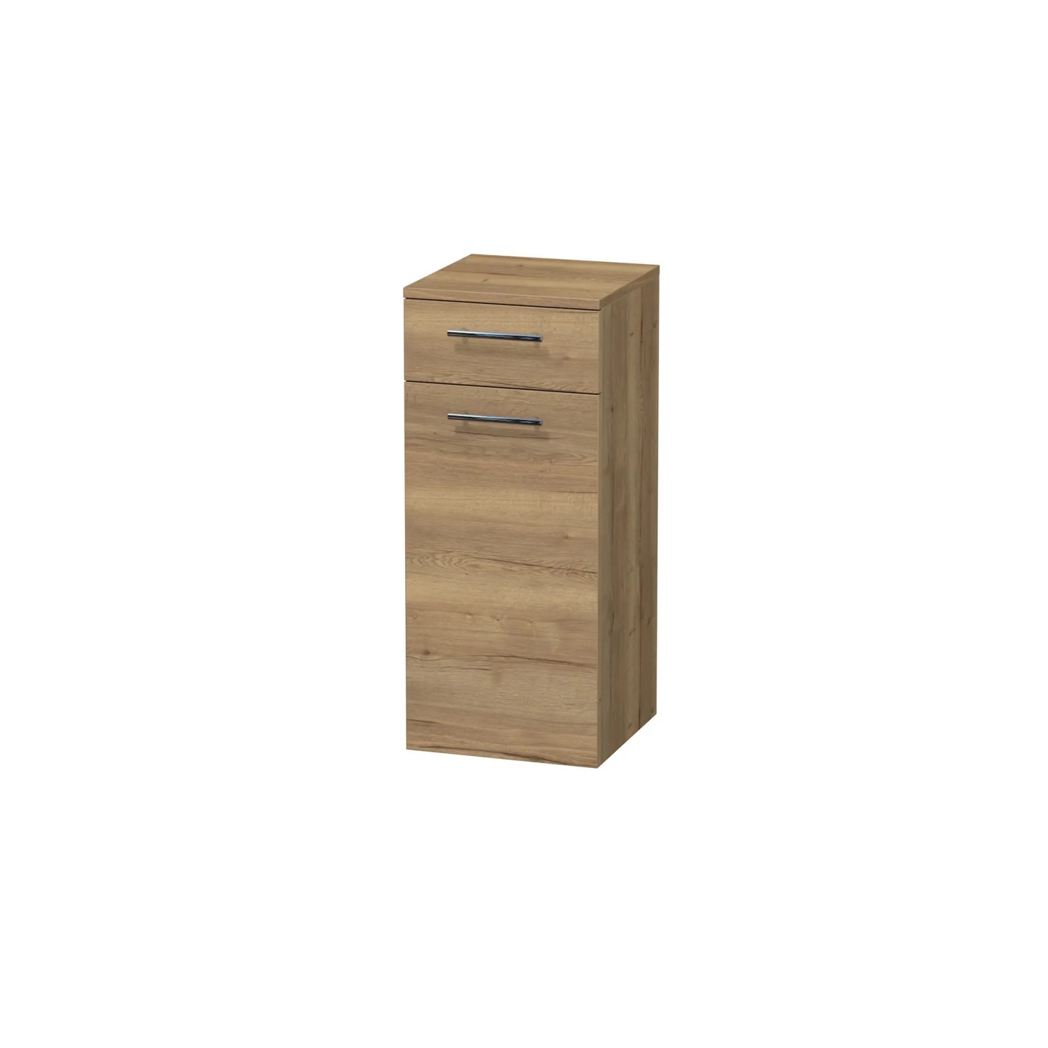 E-shop INTEDOOR Nízka skriňa BEE, úchyt chróm, 1 zásuvka, kôš, š. 35 cm, dub Halifax
