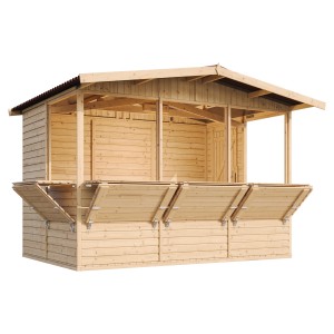 Timbela M150B drevený trhový stánok, 6,03 m² s 5 pultmi, neošetrený.