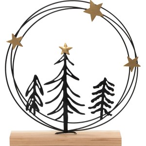 Dekoratívny železný veniec s drevenou základňou, cca 26 cm, vianočná dekorácia s hviezdami a motívmi jedličiek.