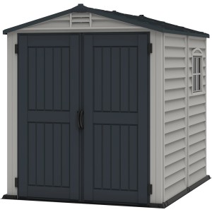 Duramax StoreMate Plus plastový záhradný domček, 3,6 m², sivý s dvojkrídlovými dverami a oknom.