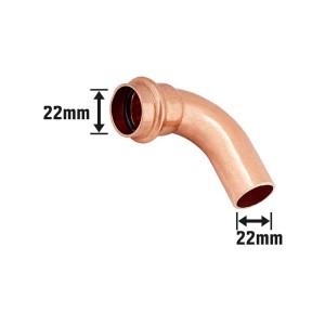 Medené lisovacie koleno, 90 stupňov, priemer 22 mm pre inštalácie medených rúr.