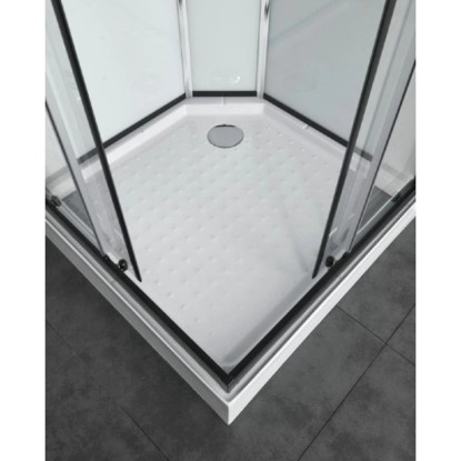 Sanotechnik Epic kompletný sprchovací box, 90x90cm, s čiernym rámom a bielou sprchovou vaničkou.