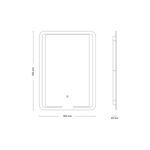 Technický nákres krištáľového zrkadla RoomLight II, 50x70 cm, s rozmermi.