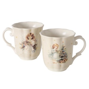 Dva béžové porcelánové hrnčeky Boltze Clara s vianočnými motívmi anjelov a stromčeka, zlaté akcenty. 350 ml.