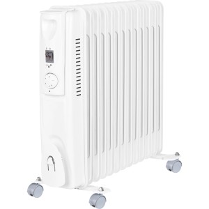 Biely olejový radiátor Aulum s 13 rebrami, výkonom 2500 W a kolieskami pre mobilné použitie.