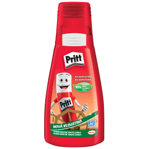 Tekuté lepidlo Pritt v červenej nádobe pre kancelárske potreby.