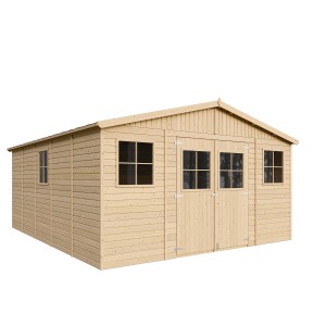 Timbela Záhradný domček z dreva M333+M333G, 19,77 m² s oknami a podlahou.