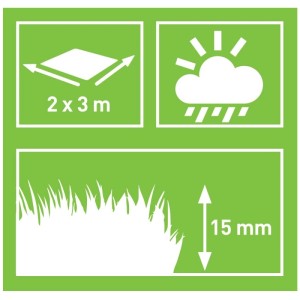 Piktogramy k umelému trávniku: rozmer 2x3 m, vodeodolný a výška vlasu 15 mm.