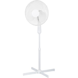Biely stojanový ventilátor, Ø 40 cm, výška 120 cm, s nastaviteľnou teleskopickou tyčou a základňou.