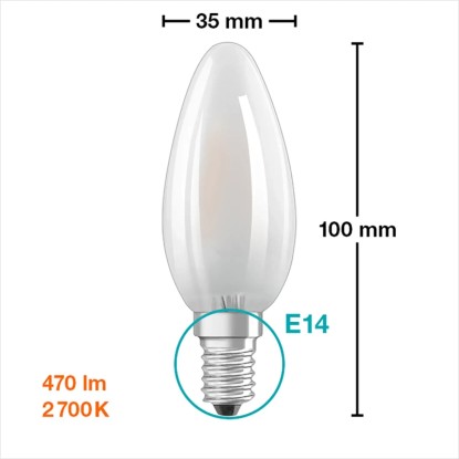 Osram LED žiarovka E14 v tvare sviečky, 4W, sada 5 ks. Teplé biele svetlo, 10x3,5 cm.