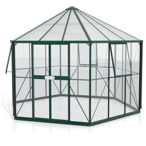 Zelený skleník Hera 9000 s ESG sklom, polykarbonátovými panelmi a základom.
