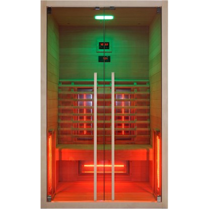 Sanotechnik Ruby 2 infra sauna pre 2 osoby, drevo hemlock so sklenenou prednou stranou a farebným svetlom.