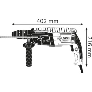 Nákres vŕtacieho kladiva Bosch Professional GBH 2-28 F s rozmermi.