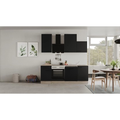 Kuchynská linka Flex-Well Capri, 220 cm, čierna matná/Endgrain Oak, so spotrebičmi.
