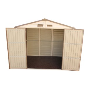 Otvorený plastový záhradný domček Duramax WoodSide Beige 7,6 m² s dvojitými dverami a ventiláciou.