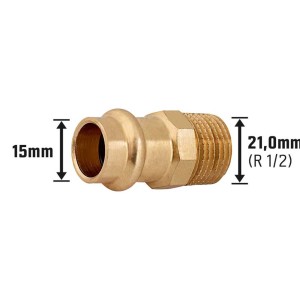 Prechodový nipel z červeného bronzu, 15 mm x 21 mm (R 1/2), pre lisovacie tvarovky v kúrení a sanitárnych inštaláciách.