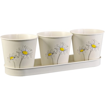 Súprava zinkového kvetináča na bylinky, kvetinová potlač, krémová, 4-dielna