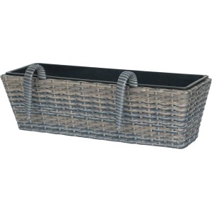 Balkónový kvetináč z polyratanu v antracitovo-béžovej farbe, šírka 60 cm, s vyberateľným kvetináčom.