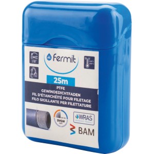 Modrý dávkovač s 25 m PTFE tesniacou niťou na závity od Fermit, vhodný pre pitnú vodu.