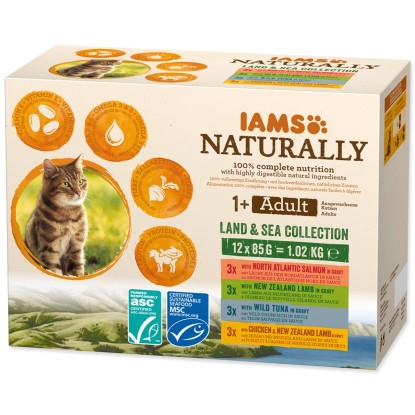 IAMS Multipack Naturally Adult s morským a suchozemským mäsom v omáčke 12x 85 g
