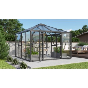 Skleník Vitavia Fortuna Jack Roof, čierny rám, zasklenie ESG/HKP, s otvorenými dvojkrídlovými dverami.