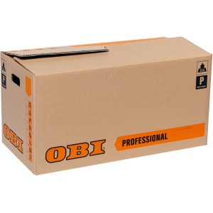OBI Professional sťahovacia krabica, 80 l, hnedá, s držadlami a popisovacími poliami.