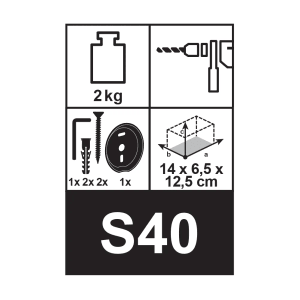 Technické údaje držiaka toaletného papiera S40: max. 2 kg, montáž na stenu, vrátane upevnenia, rozmery 14x6,5x12,5 cm.