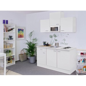 Flex-Well Classic Singlekuchyňa Wito, šírka 150 cm, biela, s varnou doskou, drezom a mikrovlnnou rúrou.