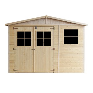 Drevený záhradný domček Timbela M335, 9 m², s oknami, bez podlahy. Neošetrené drevo s dvojitými dverami.