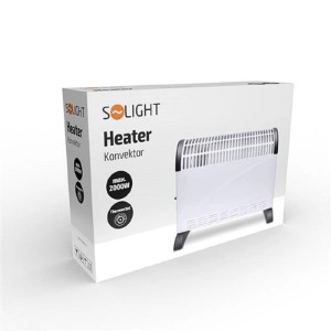 Balenie bieleho konvektorového ohrievača Solight s termostatom a výkonom 2000 W.