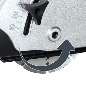 Detailný záber na Einhell TC-MA 1300 frézu na steny s diamantovým kotúčom a nastavením hĺbky.