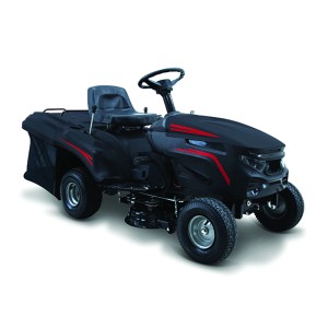 Čierny záhradný traktor so zberným košom. Záhradný traktor pre veľké trávniky.