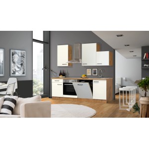 Kuchynská linka Flex-Well Vintea 220 cm vo farbe Magnolia/Lancelot Oak so spotrebičmi a drezom.