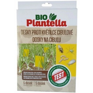Bio Plantella ochrana proti škodcom pre cibuľu, balenie so žltými lepiacimi plochami.