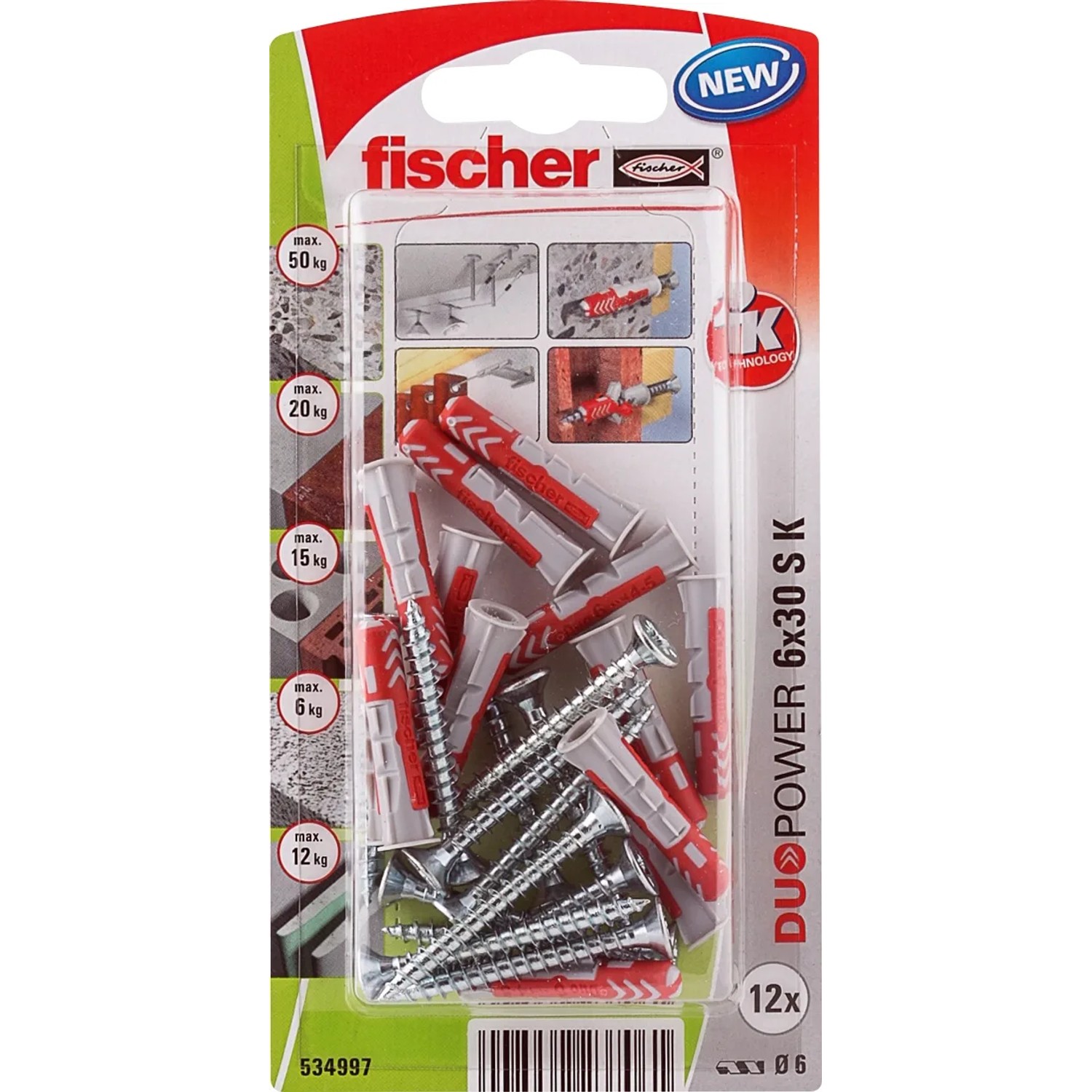 E-shop Fischer Hmoždinka DuoPower 6 x 30 S K NV so skrutkami, 12 ks