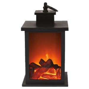 Čierna krbová lampa, 24 cm vysoká, s LED efektom ohňa pre útulnú atmosféru.
