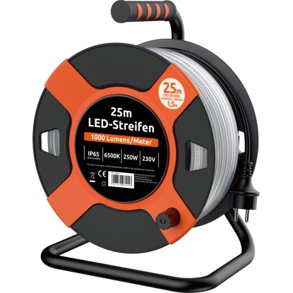 Káblový bubon s 25 m LED svetelným pásom, oranžovo/čierny, na kovovom ráme.