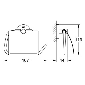 Technický nákres: Držiak toaletného papiera Grohe Essentials s vekom, rozmery 167x119x44 mm.
