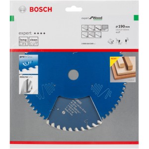 Kotúčová píla Bosch Expert for Wood, 190 mm, 48 zubov. Modrý kotúč pre čisté rezy do dreva.