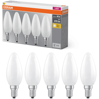 Sada 5 LED žiaroviek Osram E14 v tvare sviečky, 4W, 470lm, teplá biela. Matné biele LED žiarovky.