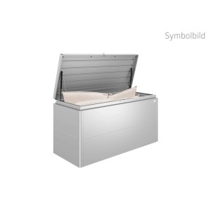 Biohort Loungebox 160 strieborná metalíza, otvorená so sedákmi. Vodotesný univerzálny box na záhradné doplnky.